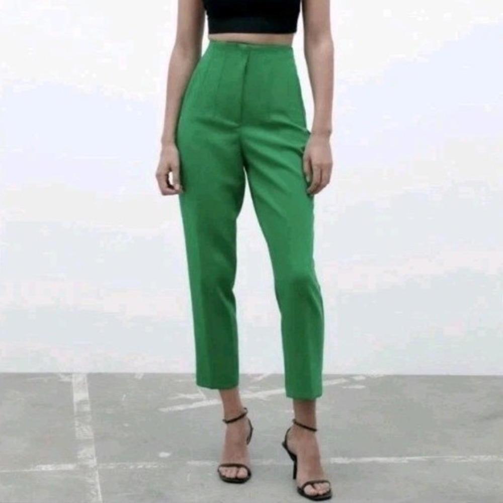 Zara Green Pants Womens XS High Waist Crop Elegant Office Formal Party‎ Career